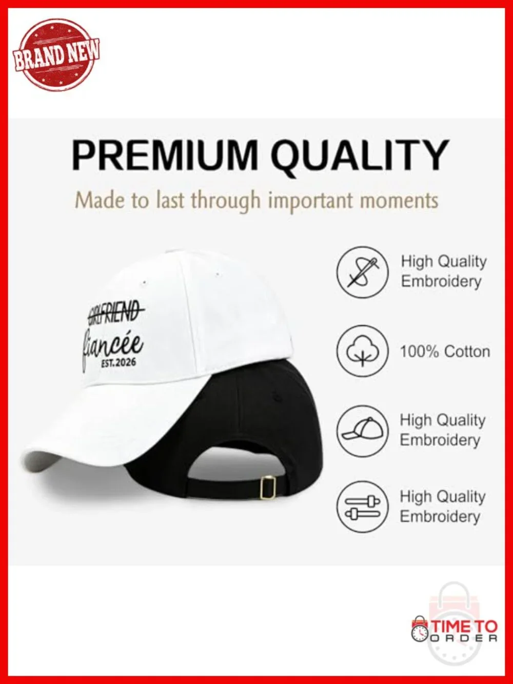 Embroidered Baseball Cap - High Quality Cotton Adjustable Wedding Engagement